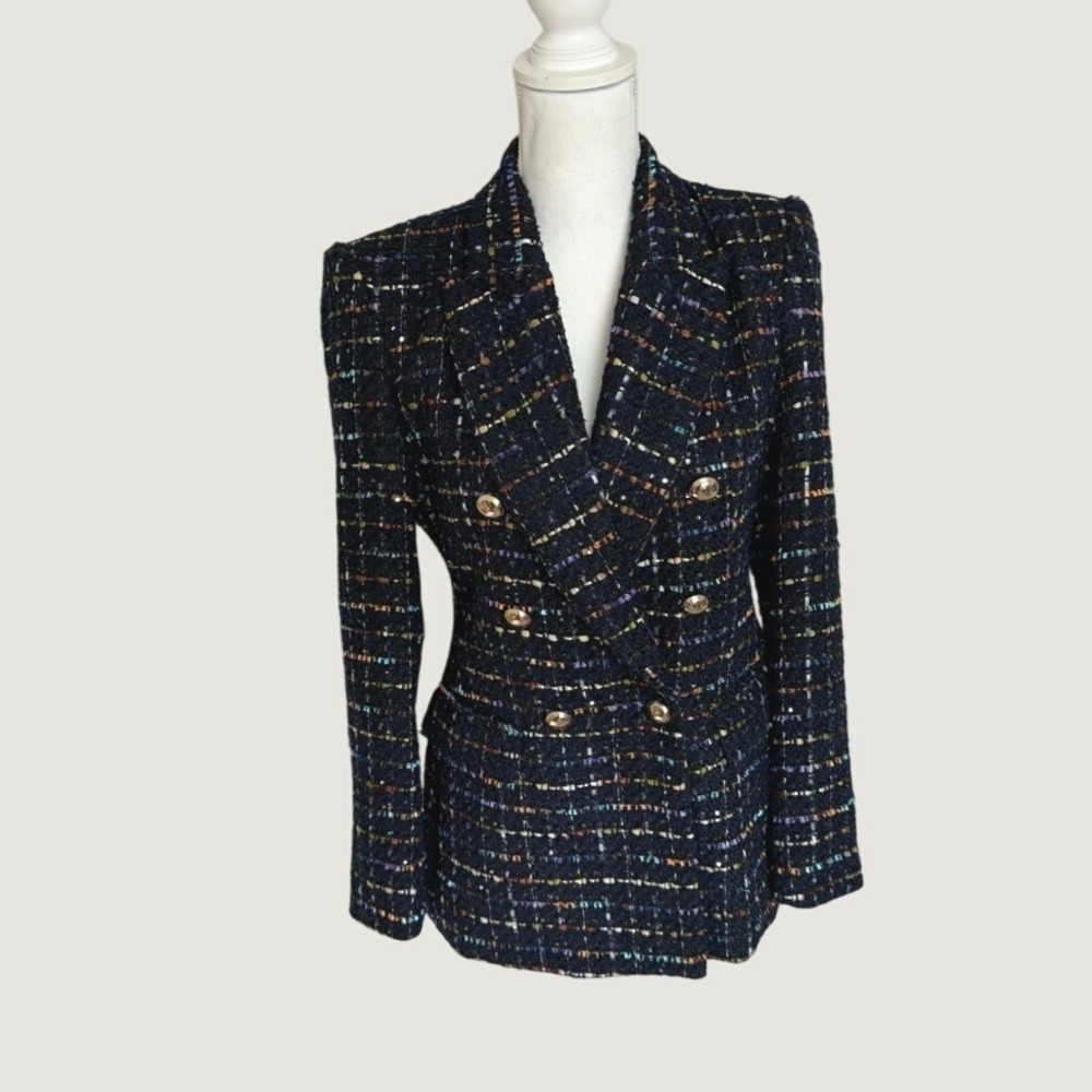 Zara Blazer Women Small Navy Multi Color Double Breasted Textured Tweed Jacket